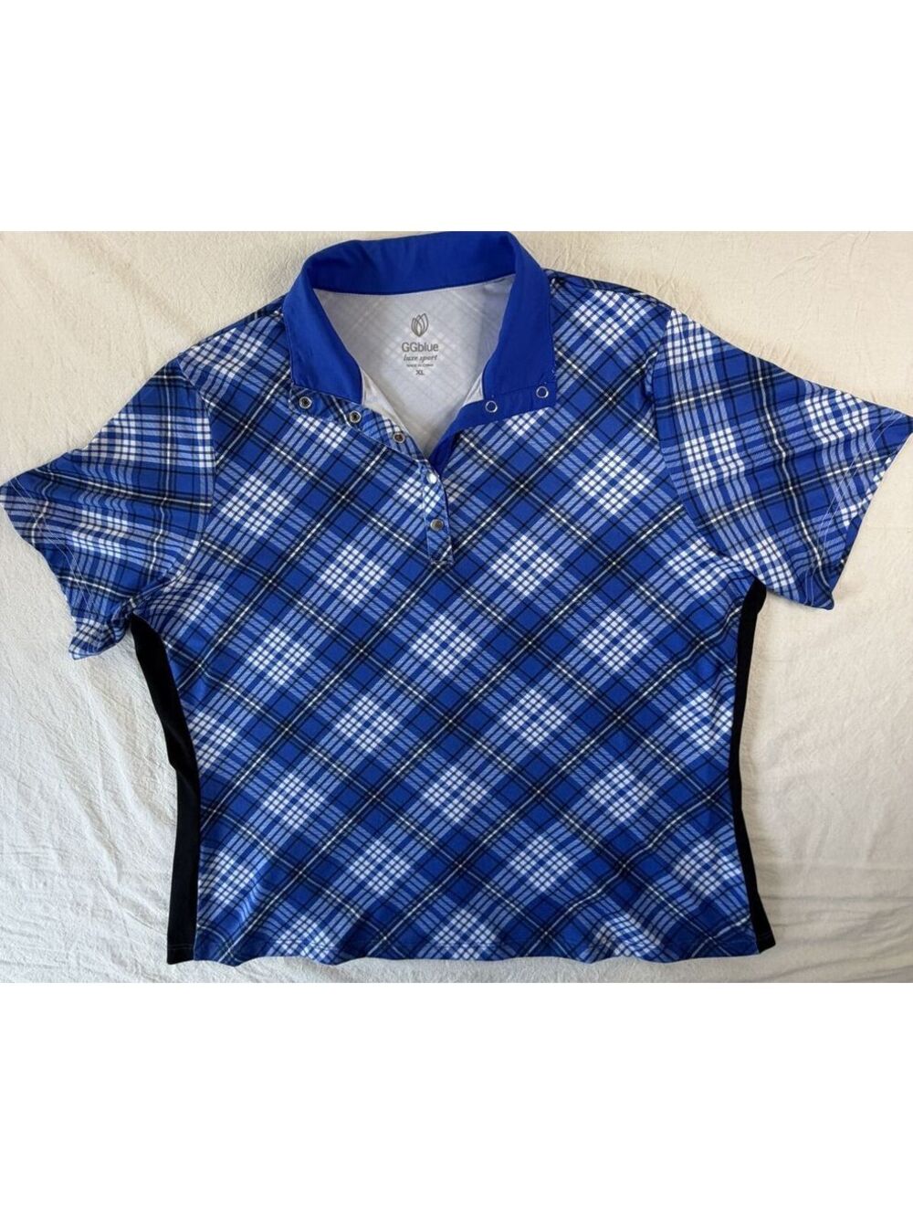 GGblue Polo Shirt Womens XL Blue Plaid Short Sleeve Golf Top Stretch Jersey
